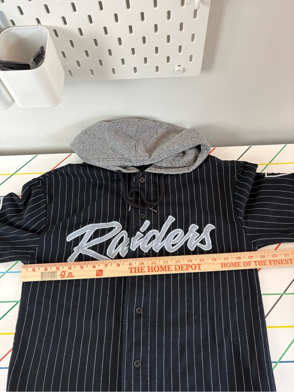 NFL Black Pinstripe Oakland Raiders Hooded Button-Up Jersey XS Good Condition - Picture 11 of 13